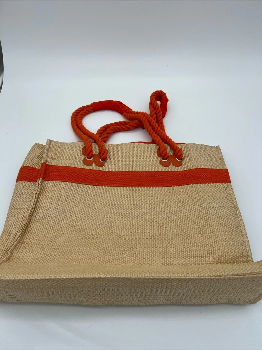 Escada Beige Straw Tote with Orange Rope Handles